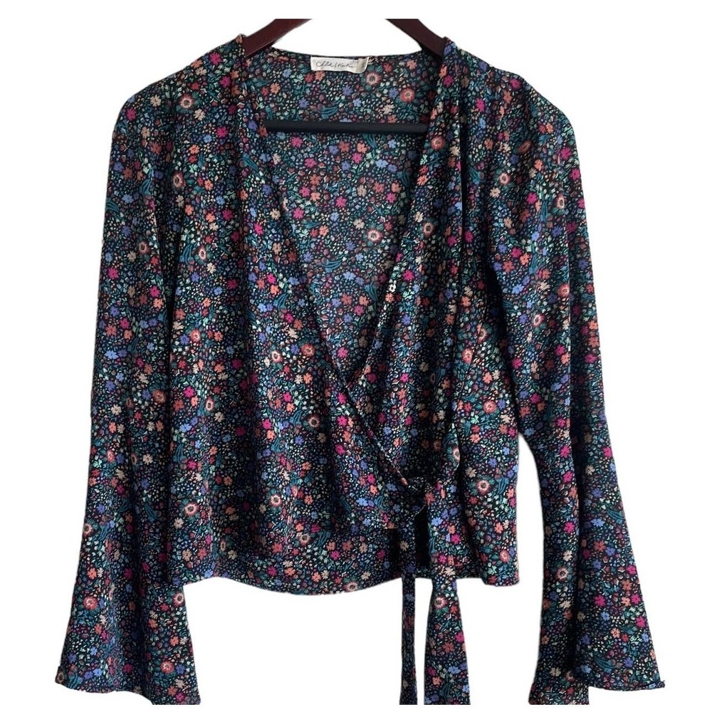 Chloe & Katie Women Cottagecore Boho Wrap Top XS Multi Ditsy Floral Bell Sleeve